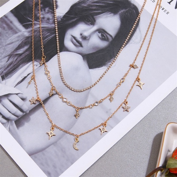 “Moon Child” Starry Diamond Night Sky Layered Trendy Gold Festival Necklace - Picture 3 of 6